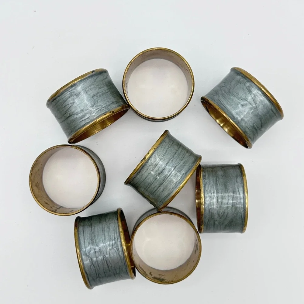 Vintage Napkin Rings Set of 8 Gray Enamel Brass Faux Pearlized Marbled